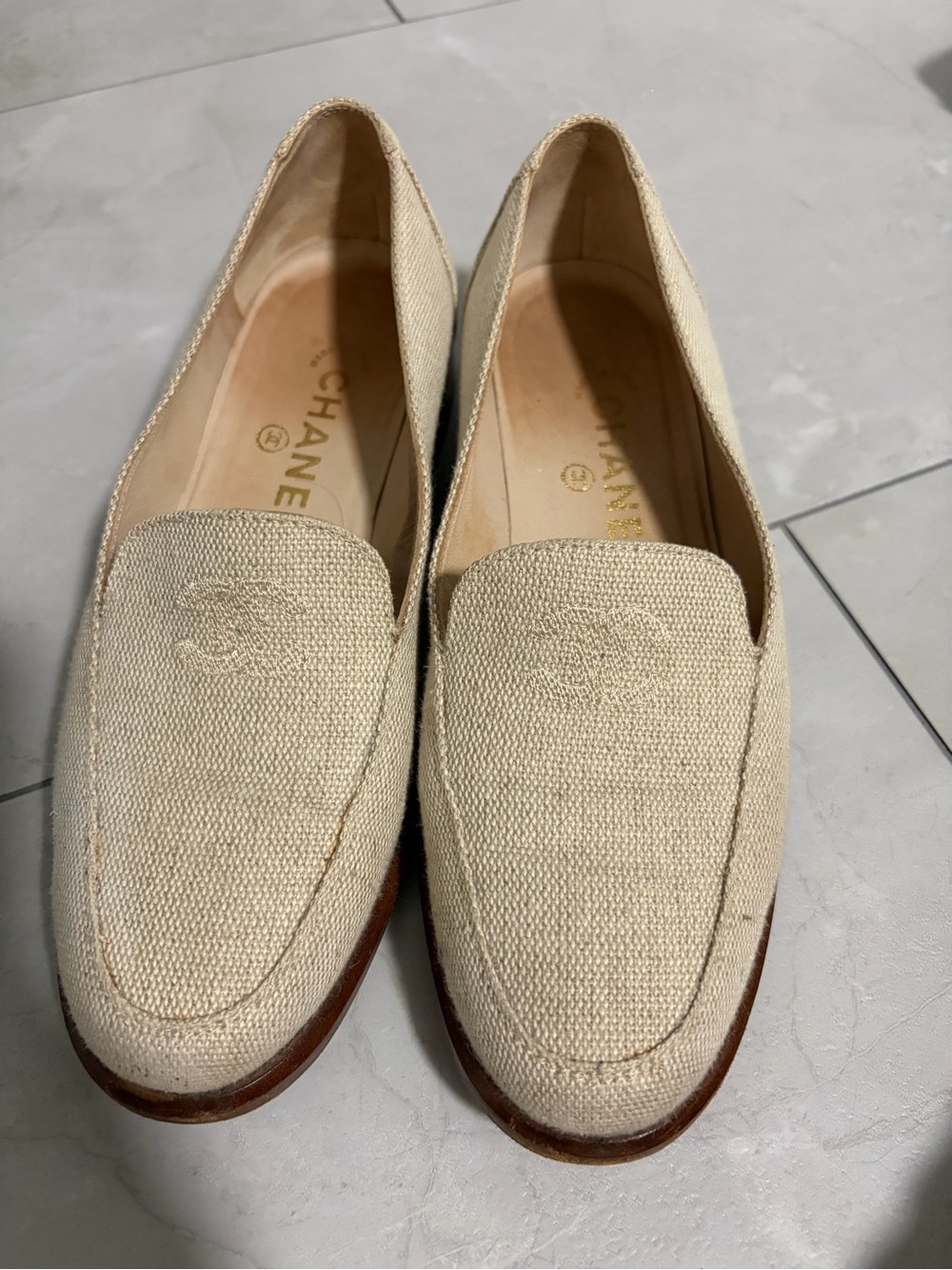 CHANEL Cream Canvas Slip-On Loafers